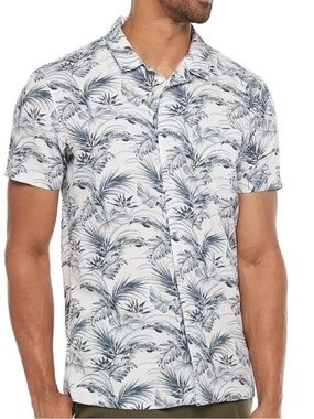 Marc Anthony White Short-Sleeve Button-Up Shirt with Blue Palm Print